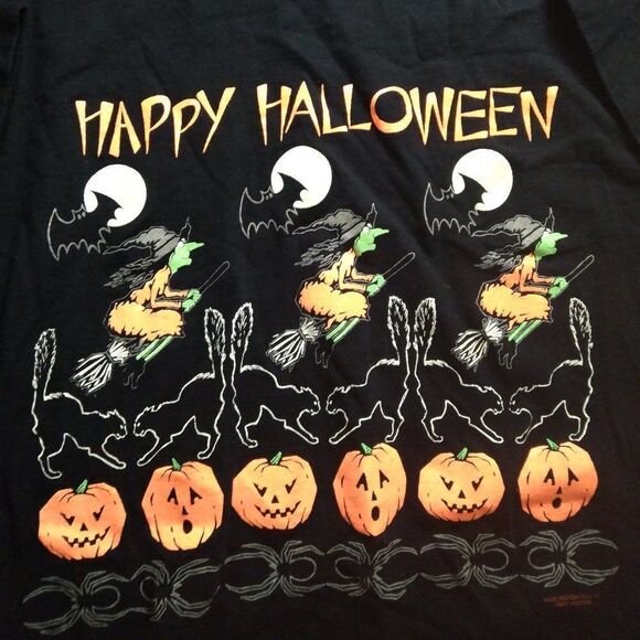 Vintage 90s Happy Halloween Witch Pumpkin Bat Cat T-Shirt Glow In The Dark - Picture 3 of 9